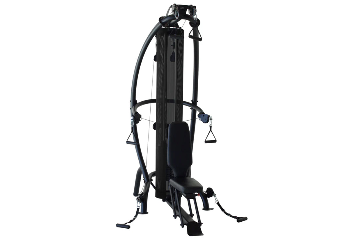 Black vertical multi-gym system with dual weight stacks, handle grips, footrest platform, and adjustable cable pulley arms on