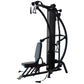 Black multi-gym system with padded seat and chest press attachment on white background