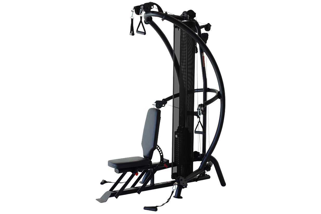 Black multi-gym system with padded seat and chest press attachment on white background