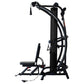 Black multi-gym machine with cable pulley system, padded seat, and leg press attachment on white background
