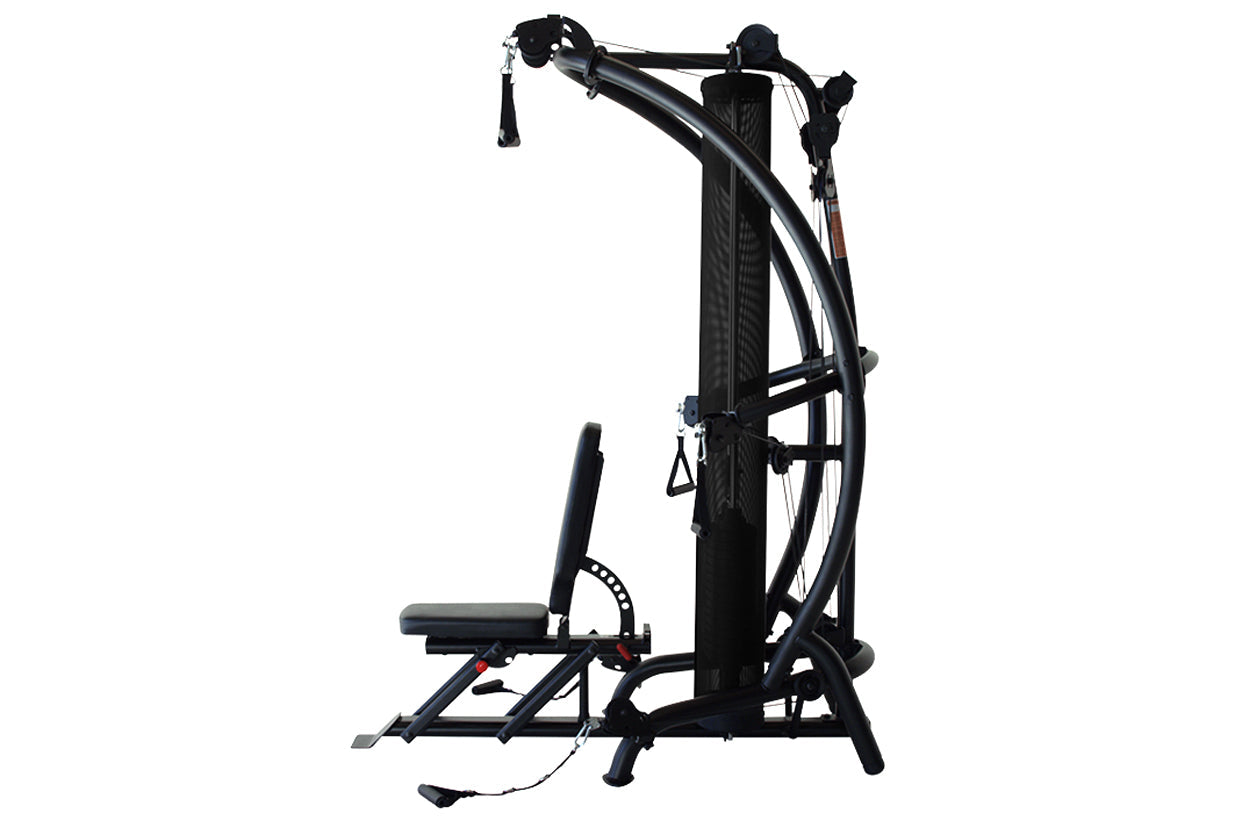 Black multi-gym machine with cable pulley system, padded seat, and leg press attachment on white background