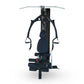 Black multi-gym system with dual handles, padded seat, and silver handlebar on white background, front view