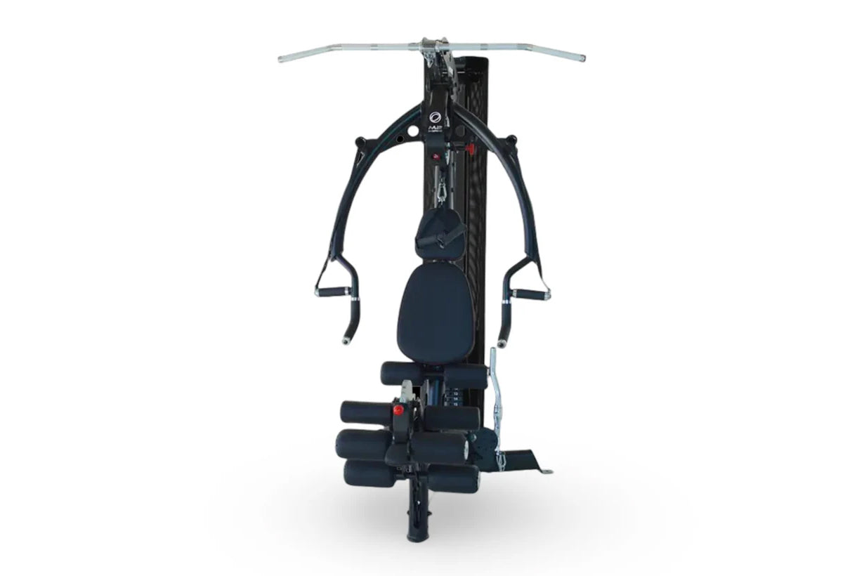 Black multi-gym system with dual handles, padded seat, and silver handlebar on white background, front view