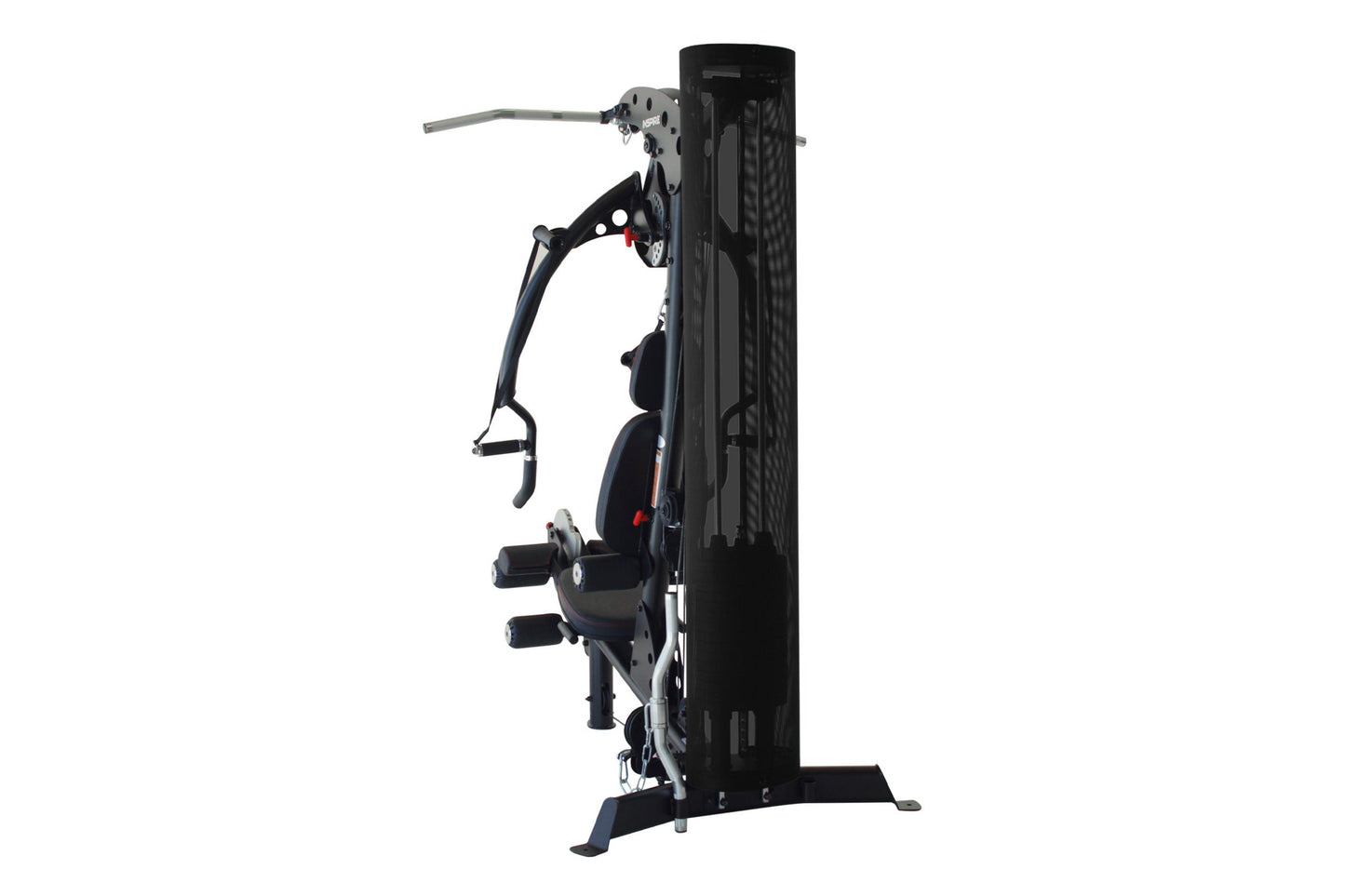 Black multi-gym system with dual weight stacks, lat pulldown and leg press attachments, on white background