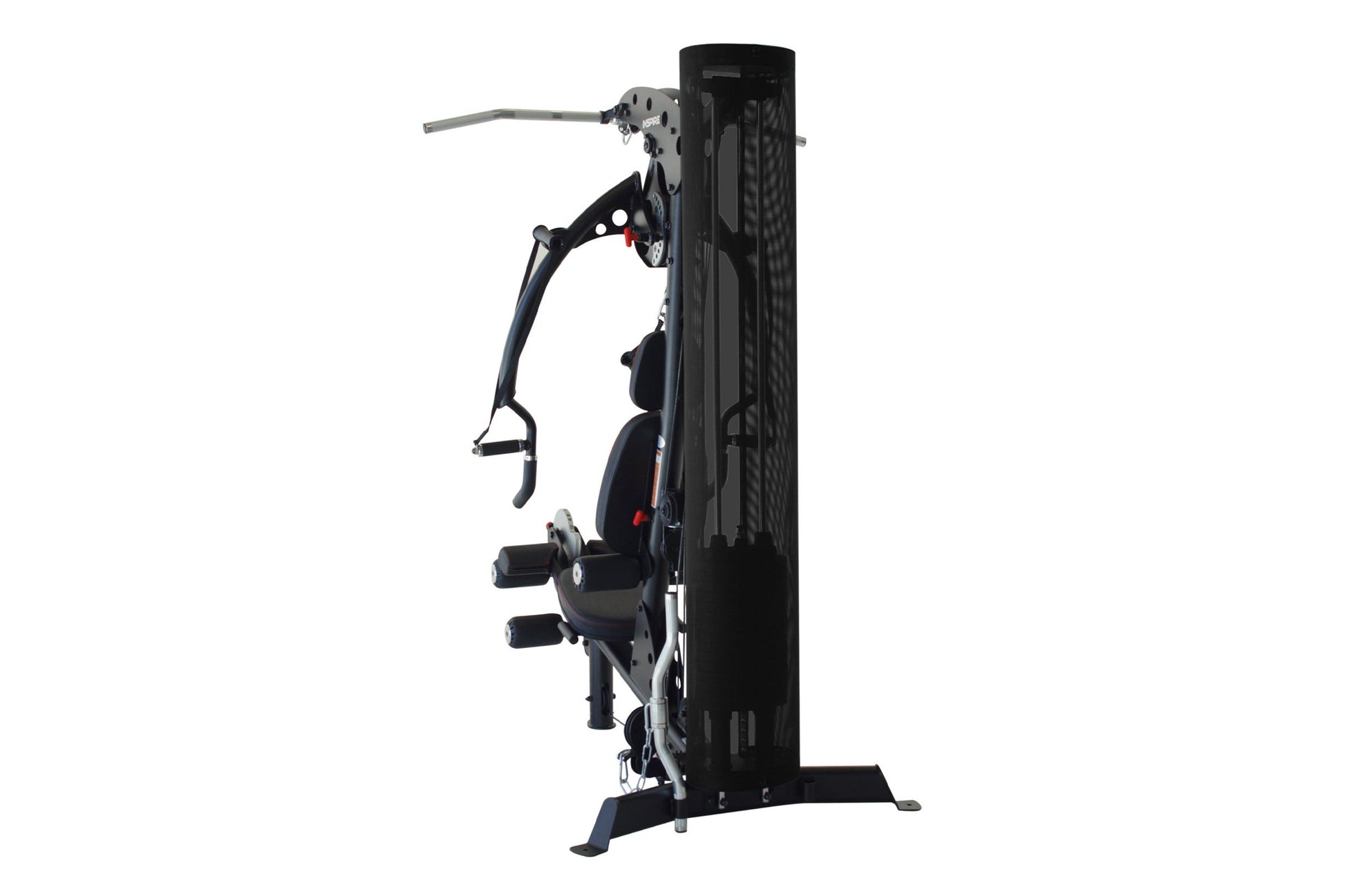 Black multi-gym system with dual weight stacks, lat pulldown and leg press attachments, on white background