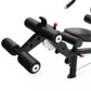 Black multi-gym system with padded leg extensions, adjustable seat with red accents, and handle bars on white background