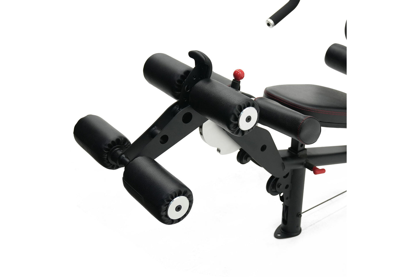 Black multi-gym system with padded leg extensions, adjustable seat with red accents, and handle bars on white background