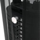 Black multi-gym system with white circular knob and numbered selector buttons 2-7, detail view on white background