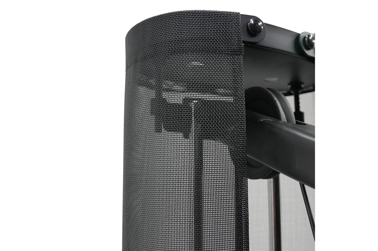 Black cylindrical mesh weight stack with adjustment knob on dual-pin lever arm system