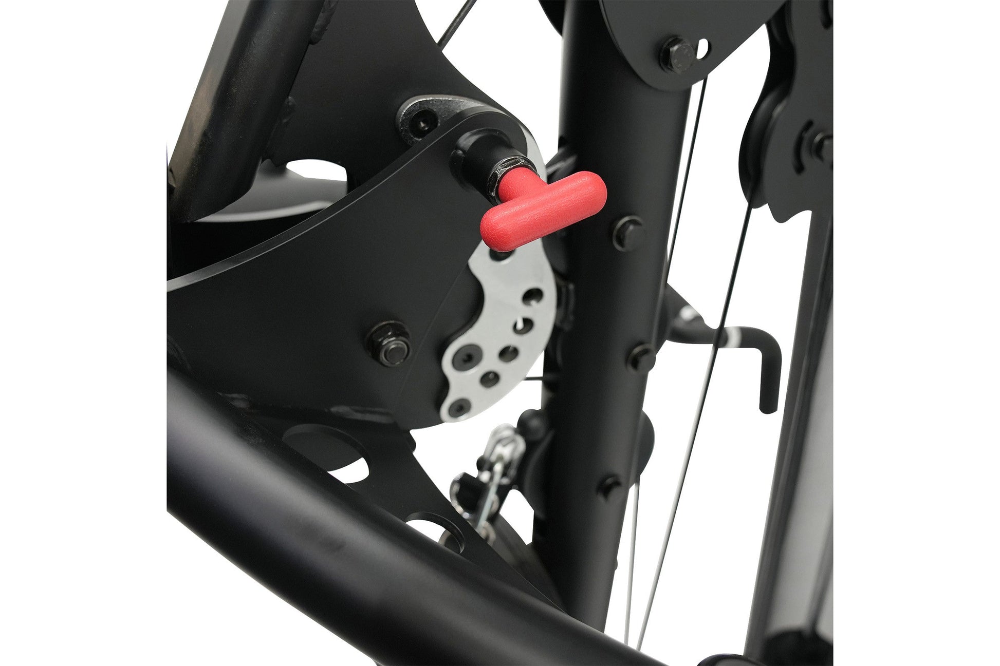 Black and red multi-gym system with adjustable lever and metal frame, detail view on white background
