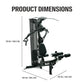 Black multi-gym system with padded seat, leg press platform, and cable machine apparatus, 78 inches tall, shown on white back