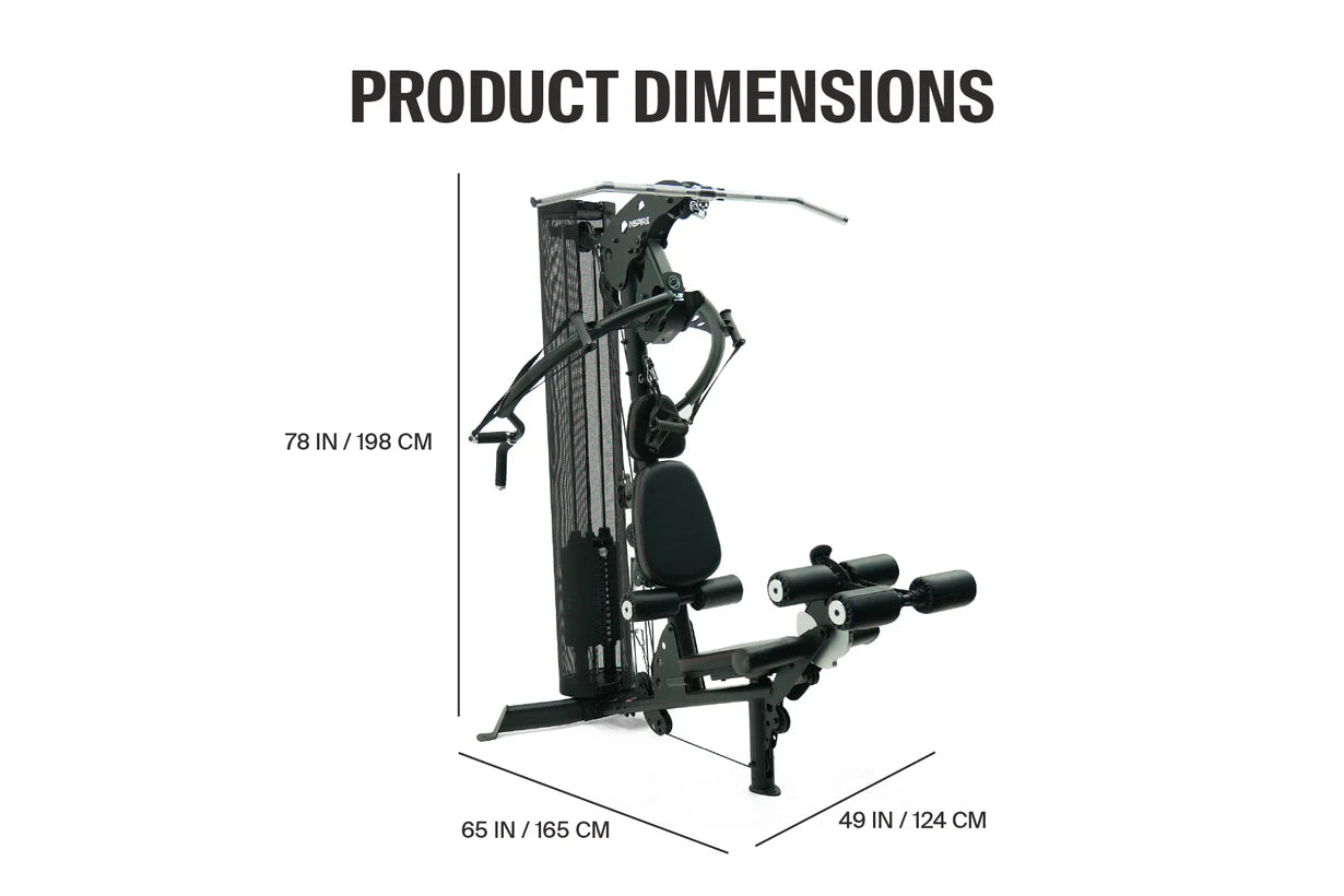 Black multi-gym system with padded seat, leg press platform, and cable machine apparatus, 78 inches tall, shown on white back