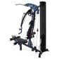 Blue and black multi-gym system with cable machine, leg press, and adjustable seat on white background