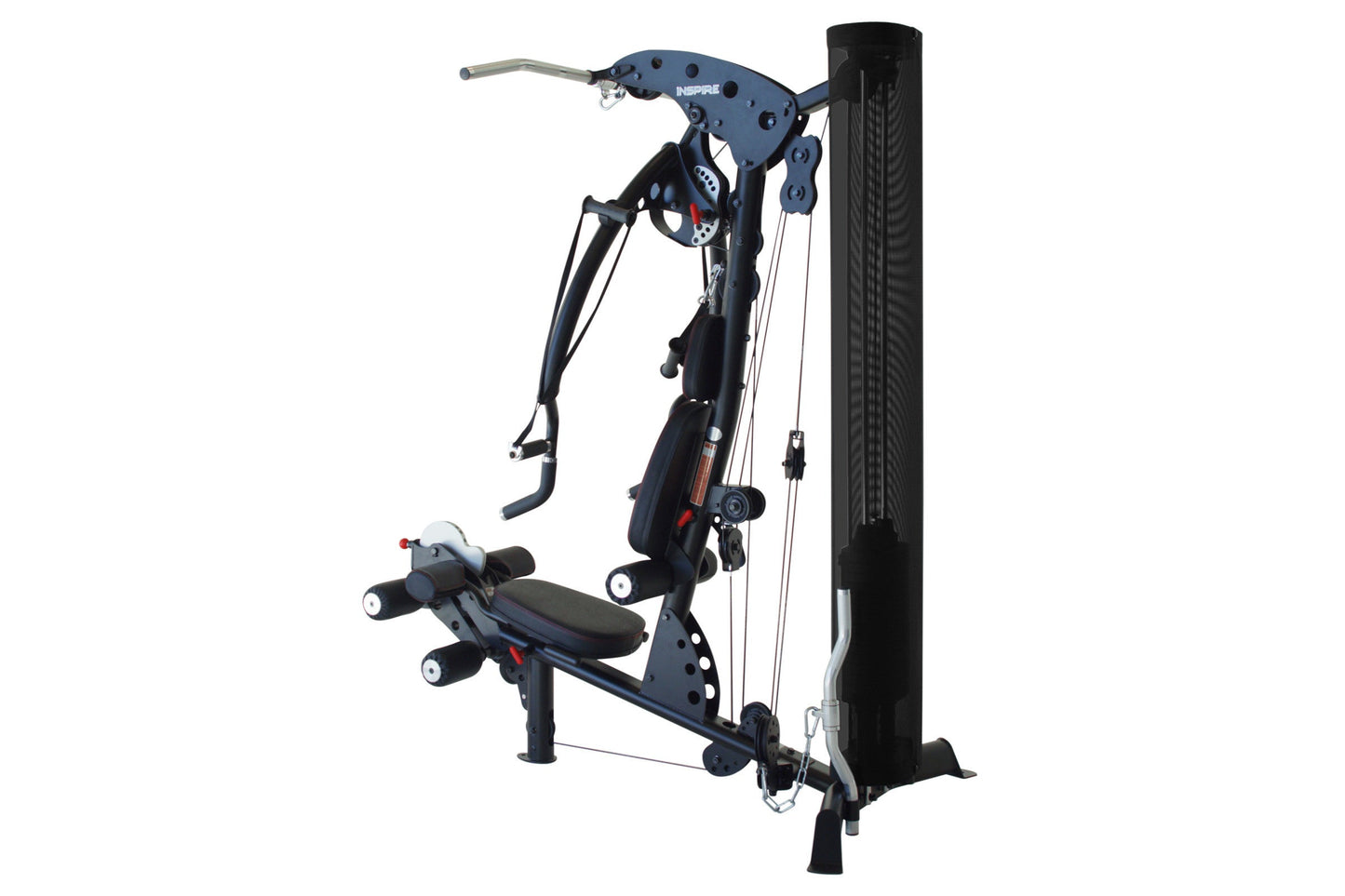 Blue and black multi-gym system with cable machine, leg press, and adjustable seat on white background