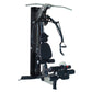 Black and gray multi-gym system with lat pulldown bar, leg press platform, and adjustable seat on white background