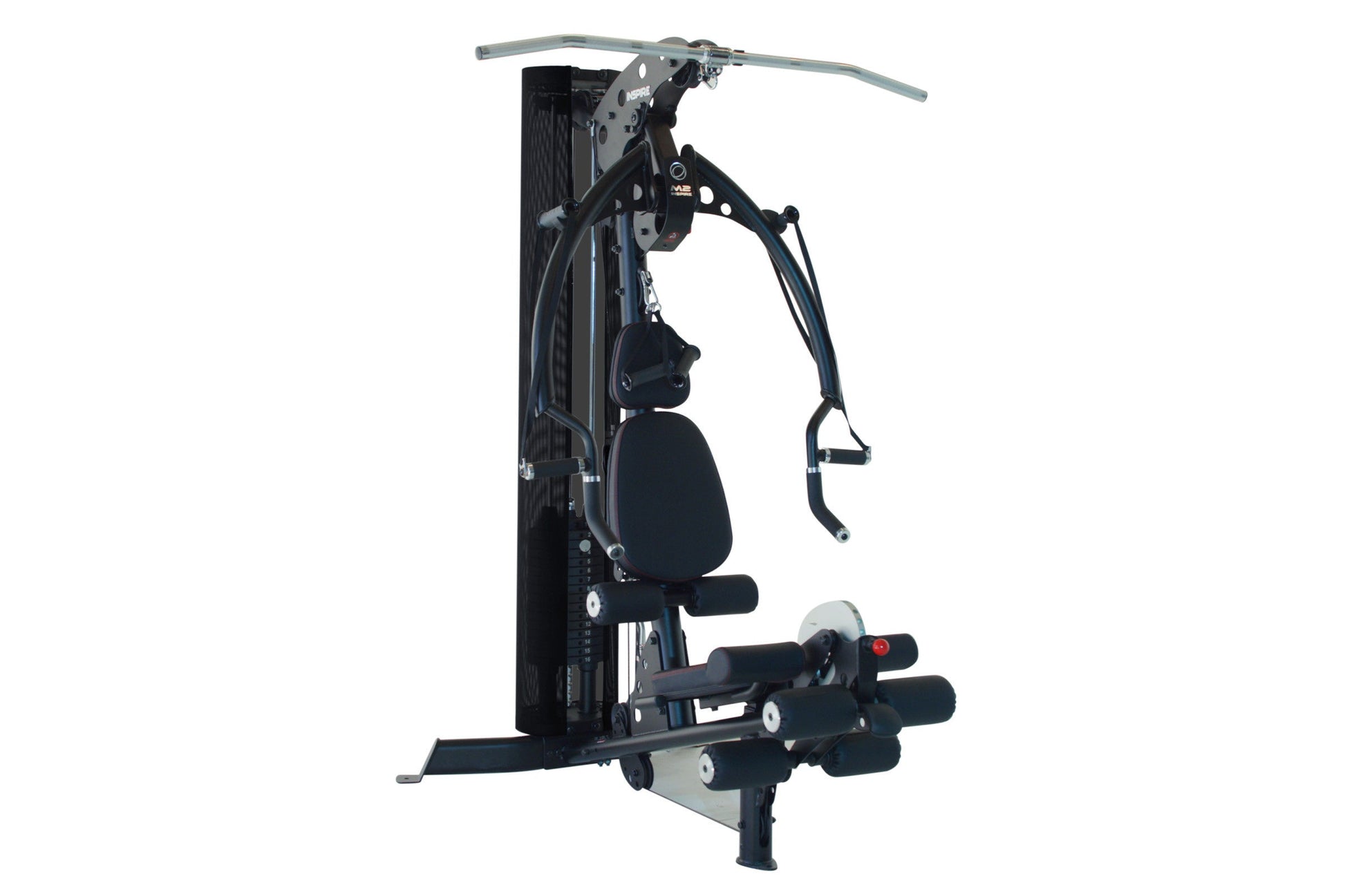 Black and gray multi-gym system with lat pulldown bar, leg press platform, and adjustable seat on white background