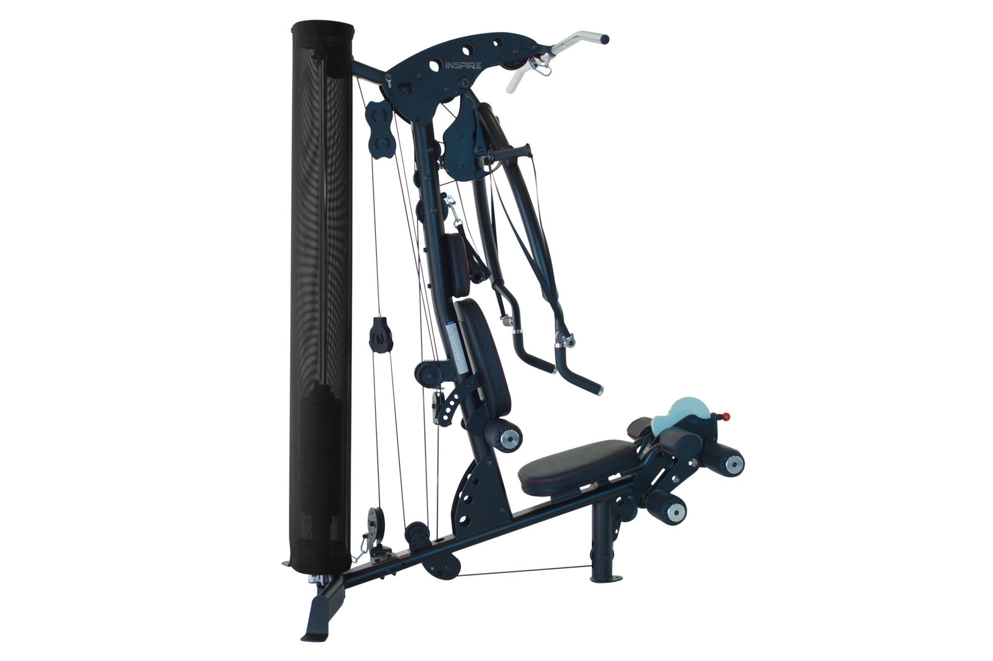 Dark blue and black multi-gym system with cable machine, leg press platform, and adjustable arms on white background
