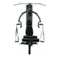 Black multi-gym system with dual handle bars, padded seat, and resistance cables on white background, top view