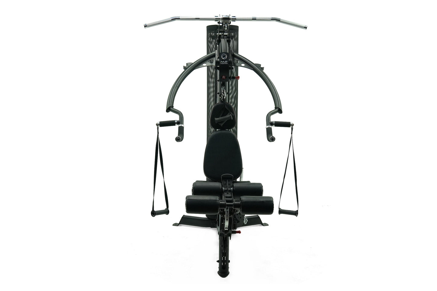 Black multi-gym system with dual handle bars, padded seat, and resistance cables on white background, top view