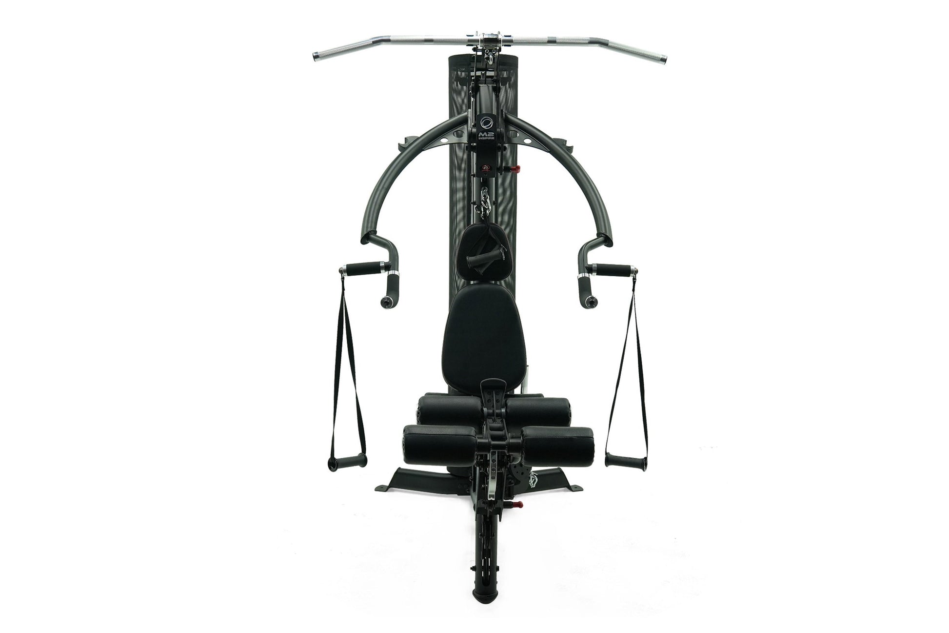 Black multi-gym system with dual handle bars, padded seat, and resistance cables on white background, top view