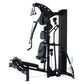 Black multi-gym system with cable machines, padded seat, and overhead pulley attachment on white background