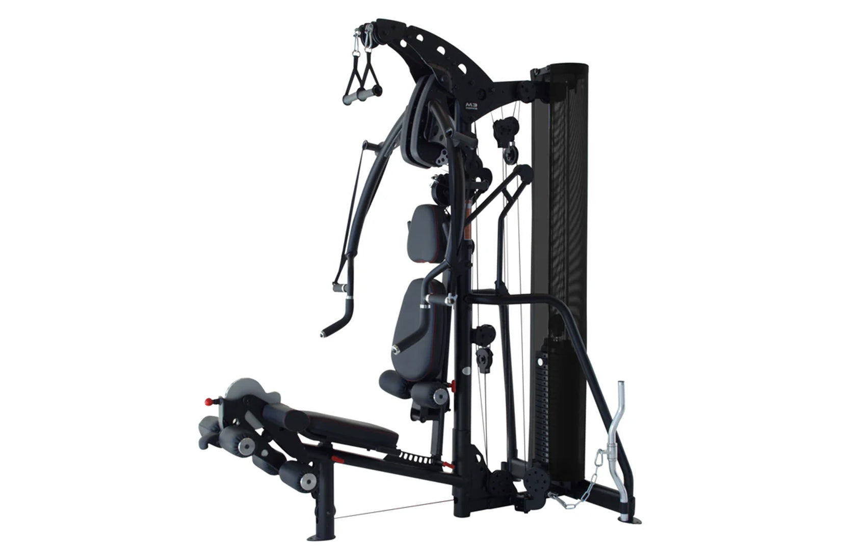Black multi-gym system with cable machines, padded seat, and overhead pulley attachment on white background