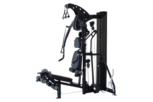 Black multi-gym system with cable machines, padded seat, and overhead pulley attachment on white background