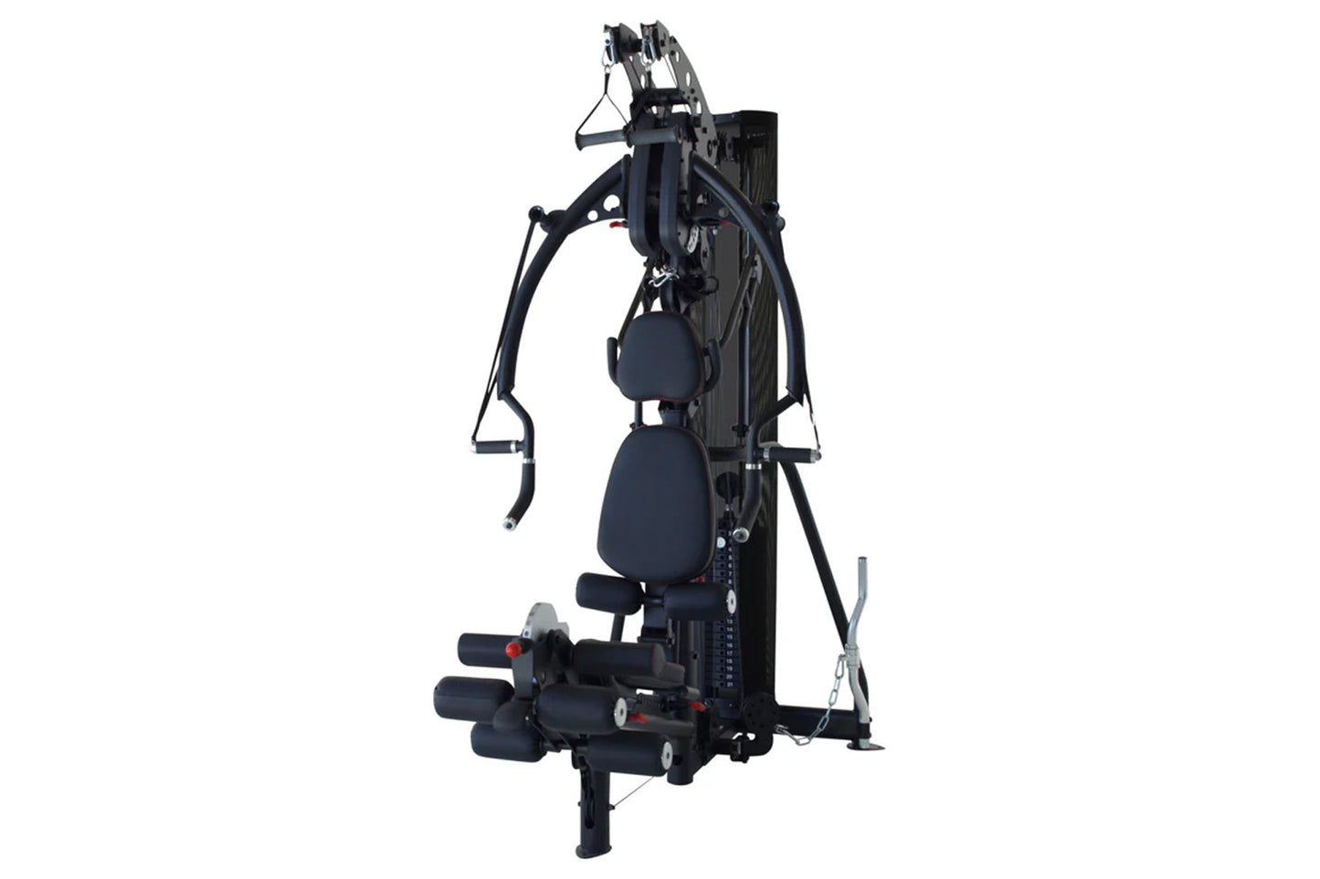 Black multi-gym system with padded seat, weight stack, and cable machine on white background