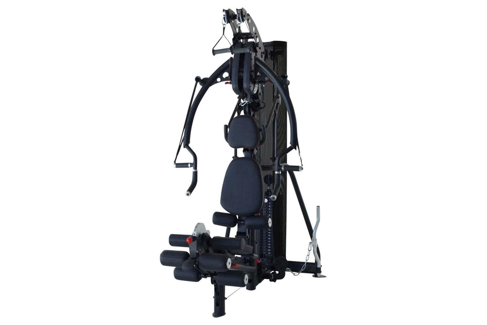Black multi-gym system with padded seat, weight stack, and cable machine on white background
