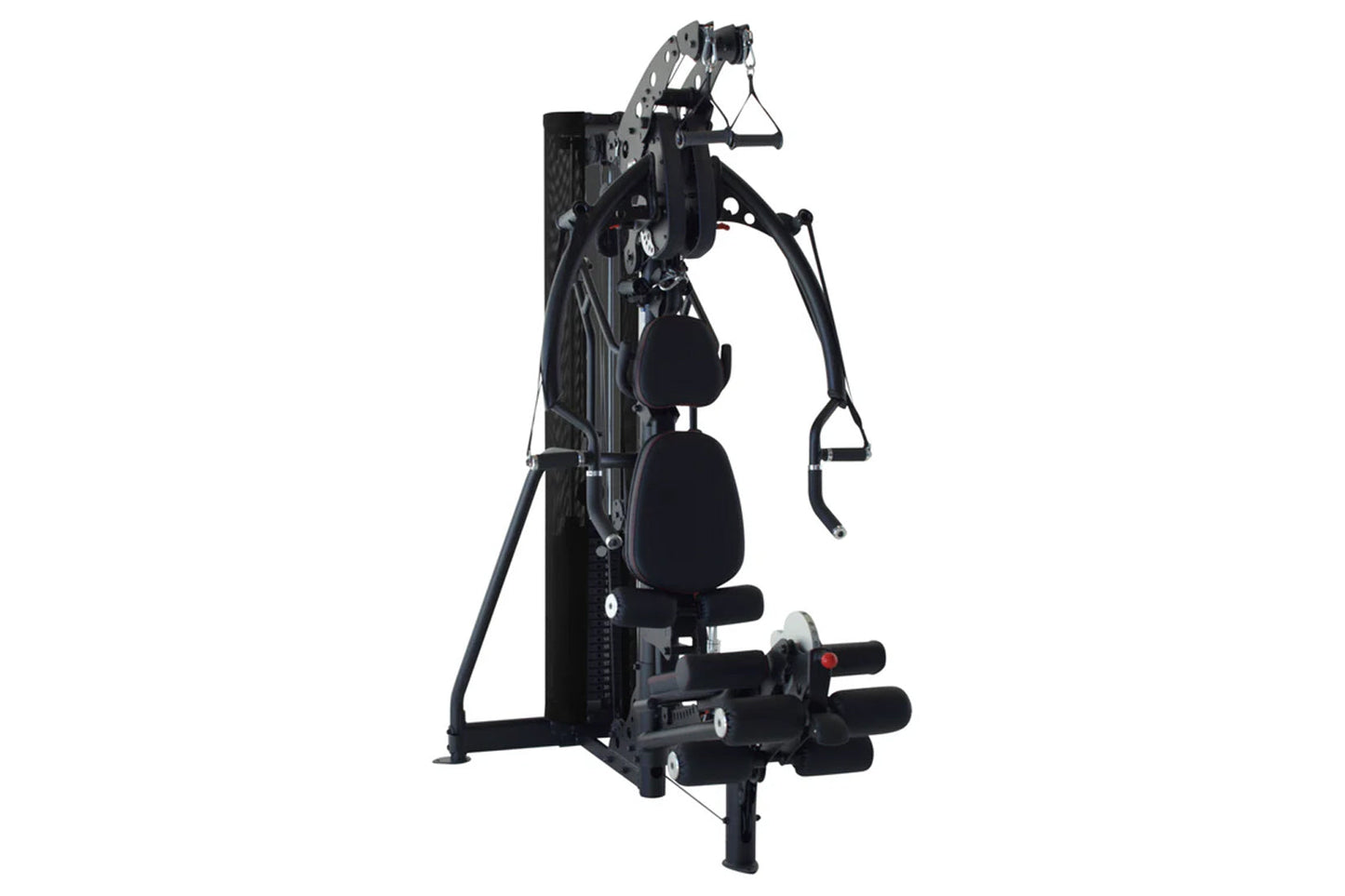 Black multi-gym machine with leg press, chest press, and cable attachments on white background