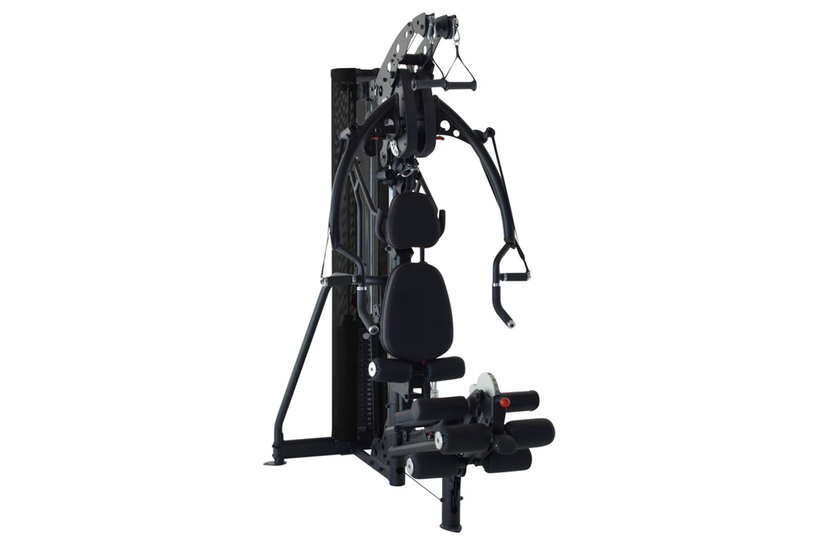Black multi-gym machine with leg press, chest press, and cable attachments on white background