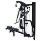 Black multi-gym system with cable pulley towers, leg press platform, and adjustable weight stacks on white background