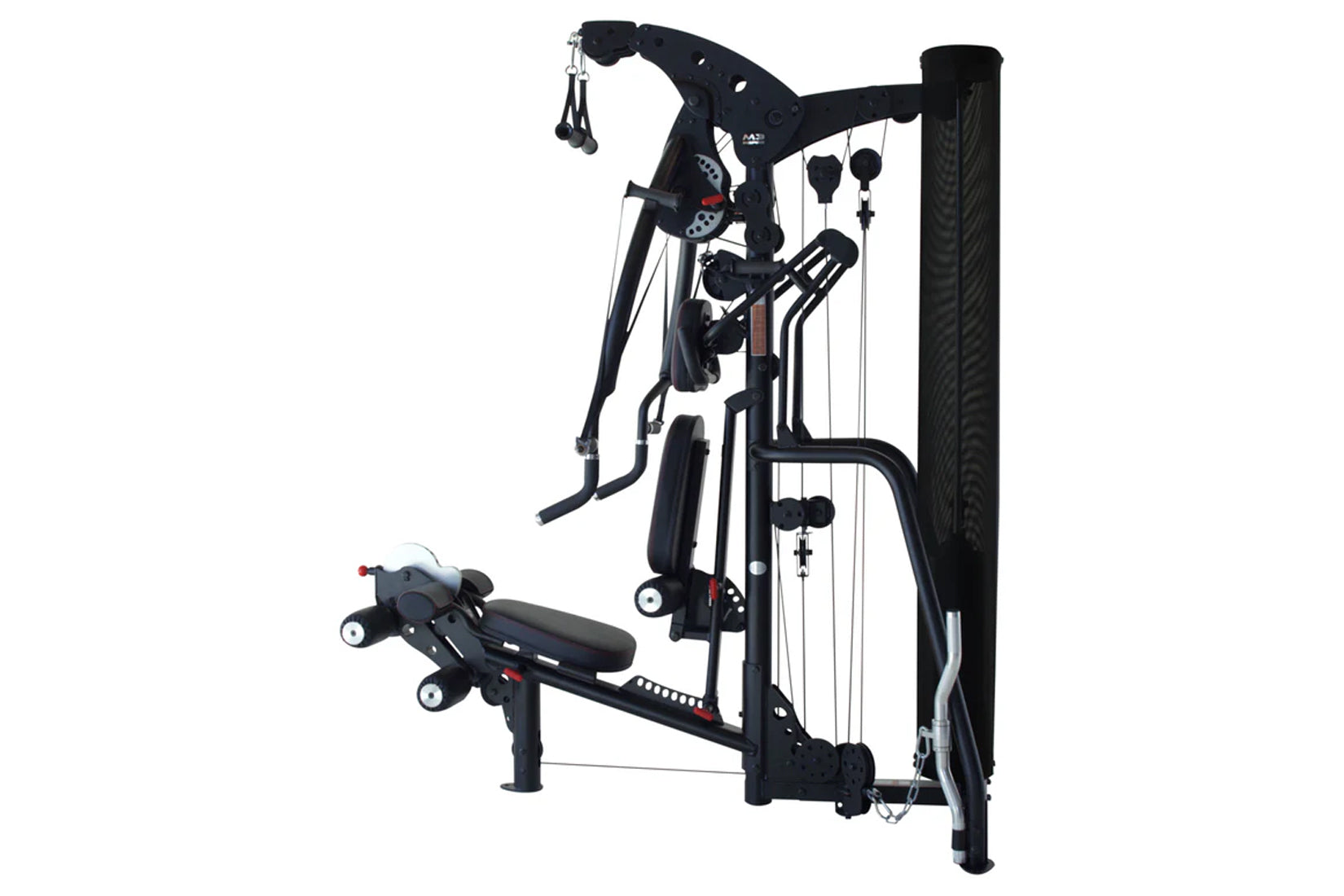 Black multi-gym system with cable pulley towers, leg press platform, and adjustable weight stacks on white background