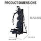 Black multi-gym system with padded seat, adjustable arms, and foot platform on white background, shown with dimension measure
