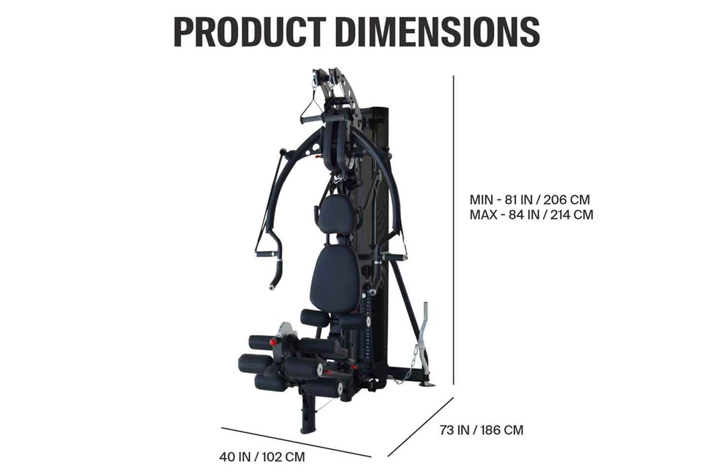 Black multi-gym system with padded seat, adjustable arms, and foot platform on white background, shown with dimension measure