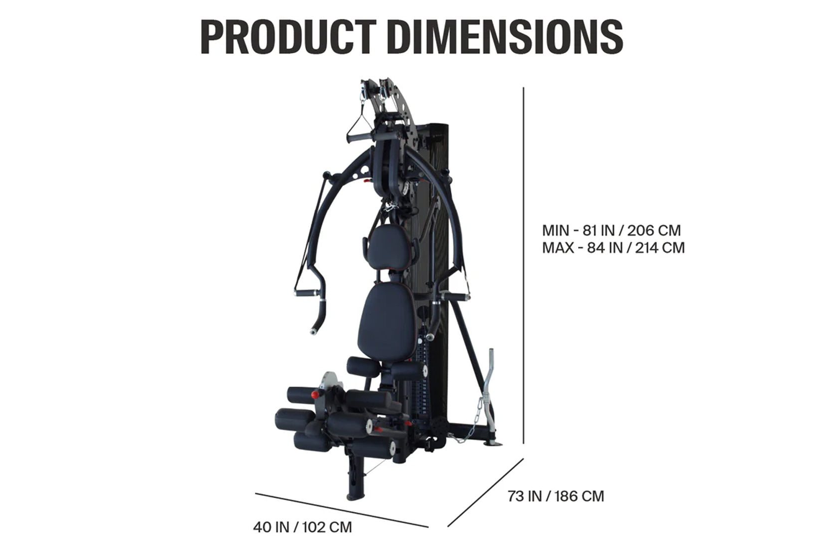 Black multi-gym system with padded seat, adjustable arms, and foot platform on white background, shown with dimension measure