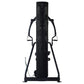 Black multi-gym system with central column, dual handle bars with stirrups, and mesh back panel on white background
