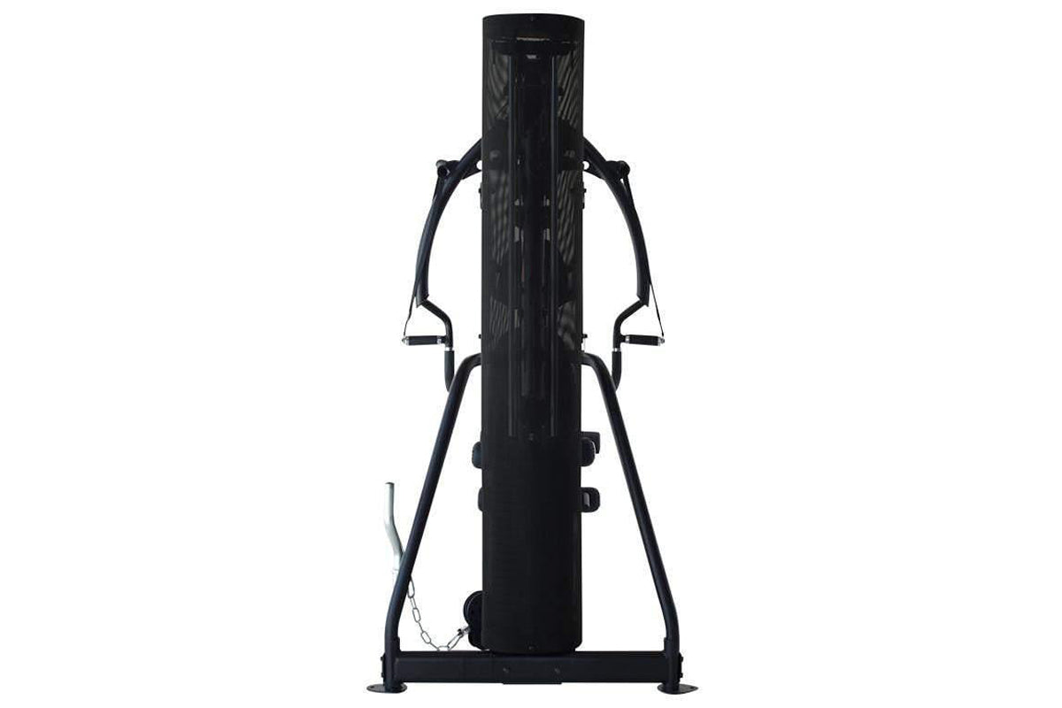 Black multi-gym system with central column, dual handle bars with stirrups, and mesh back panel on white background