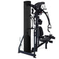 Black and gray multi-gym cable machine with adjustable pulleys, footrest platform, and overhead lat pulldown attachment on wh