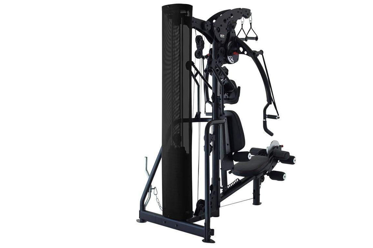 Black and gray multi-gym cable machine with adjustable pulleys, footrest platform, and overhead lat pulldown attachment on wh