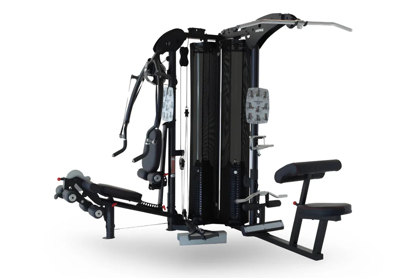 Black multi-station gym system with cable machines, leg press, and seated bench on white background