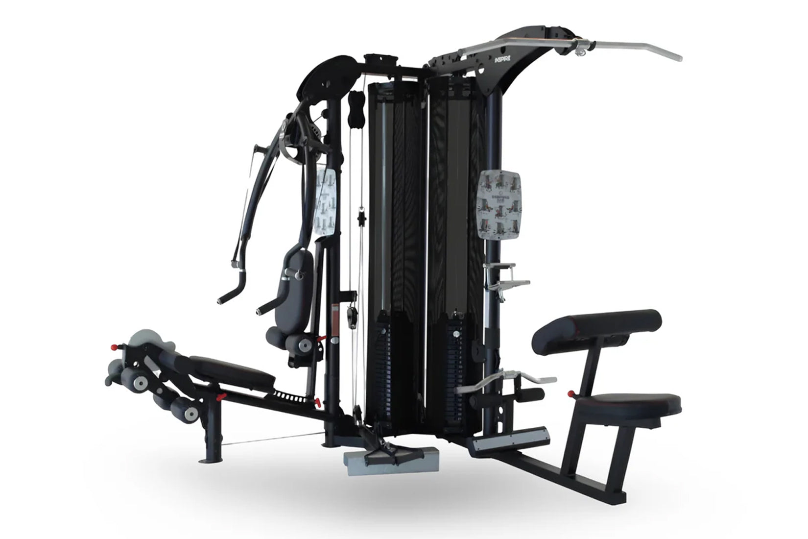 Black multi-station gym system with cable machines, leg press, and seated bench on white background