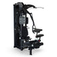 Black multi-gym system with chest press, leg press, and cable machine attachments on white background