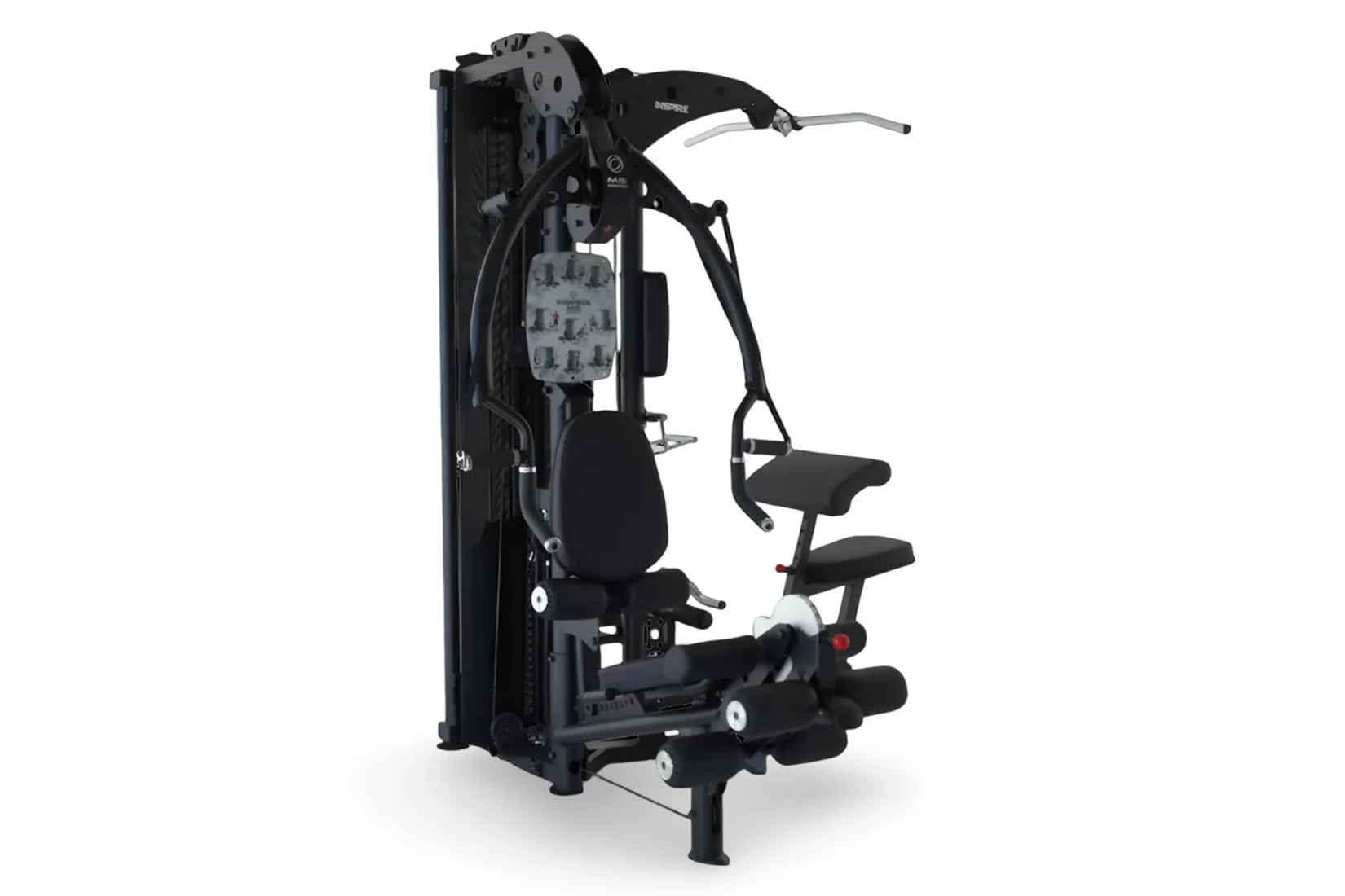 Black multi-gym system with chest press, leg press, and cable machine attachments on white background