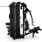 Black and silver multi-gym system with weight stack, cable machine, leg press, and pull-down apparatus on white background
