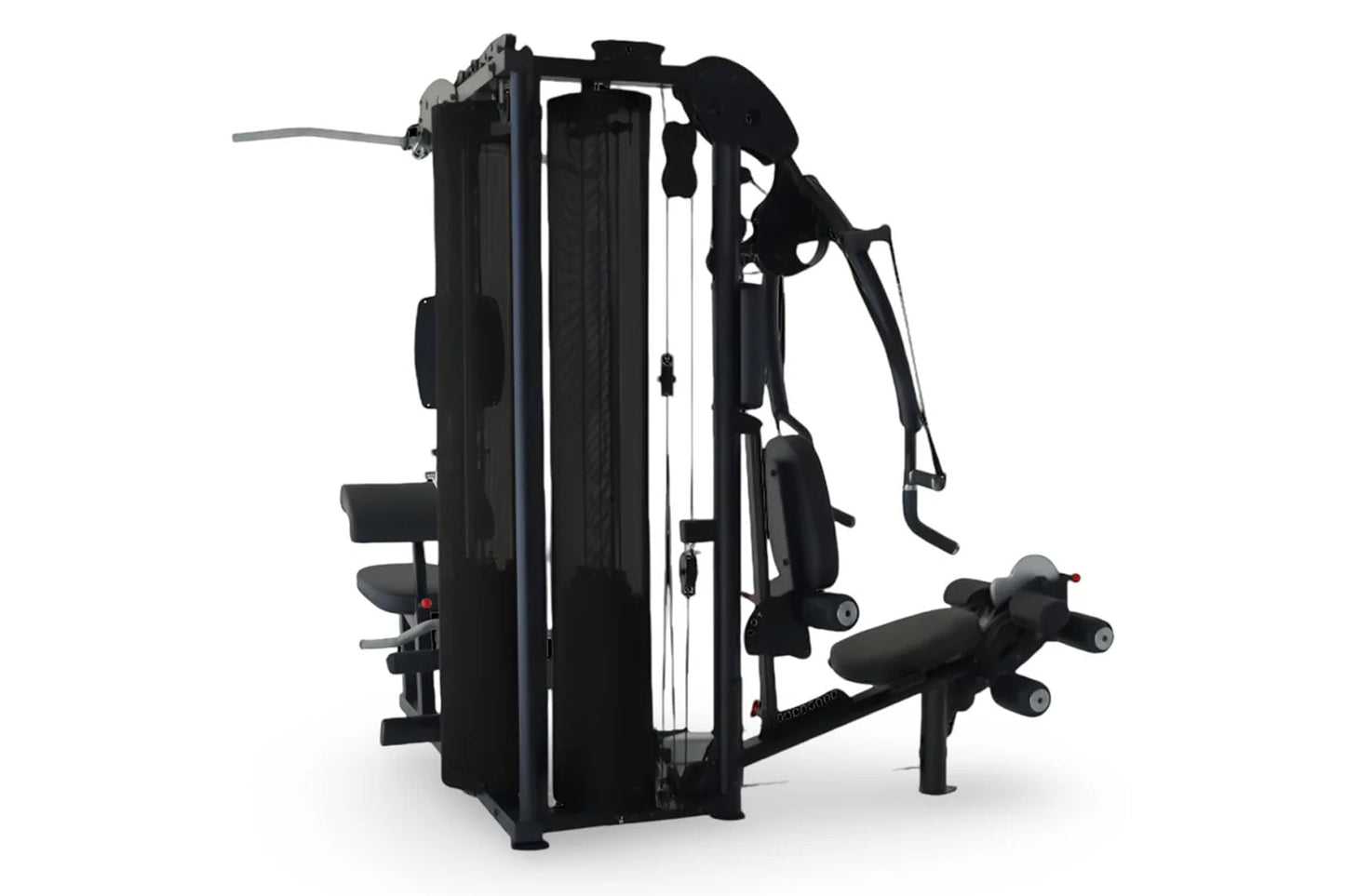 Black and silver multi-gym system with weight stack, cable machine, leg press, and pull-down apparatus on white background