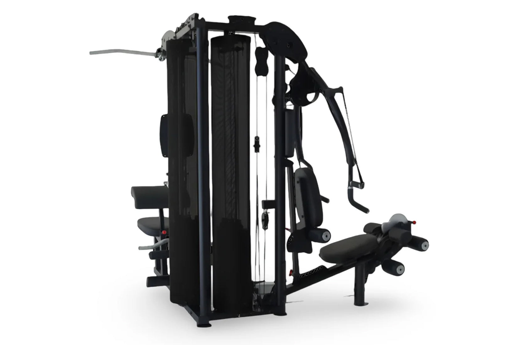 Black and silver multi-gym system with weight stack, cable machine, leg press, and pull-down apparatus on white background