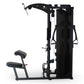 Black and white multi-gym machine with adjustable seat, arm lever, and foot pedal on white background