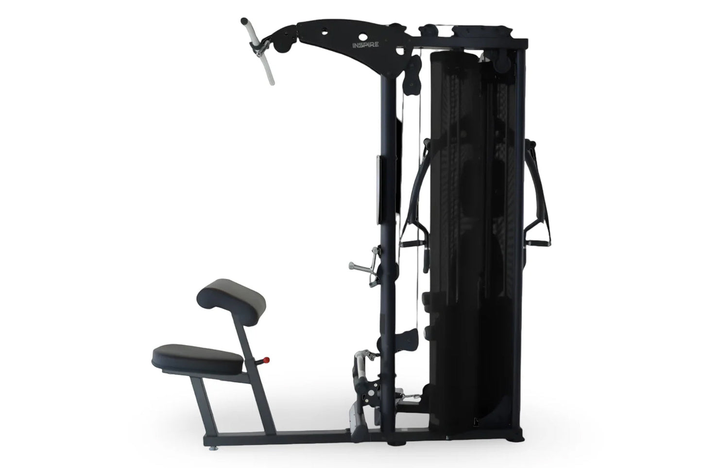 Black and white multi-gym machine with adjustable seat, arm lever, and foot pedal on white background