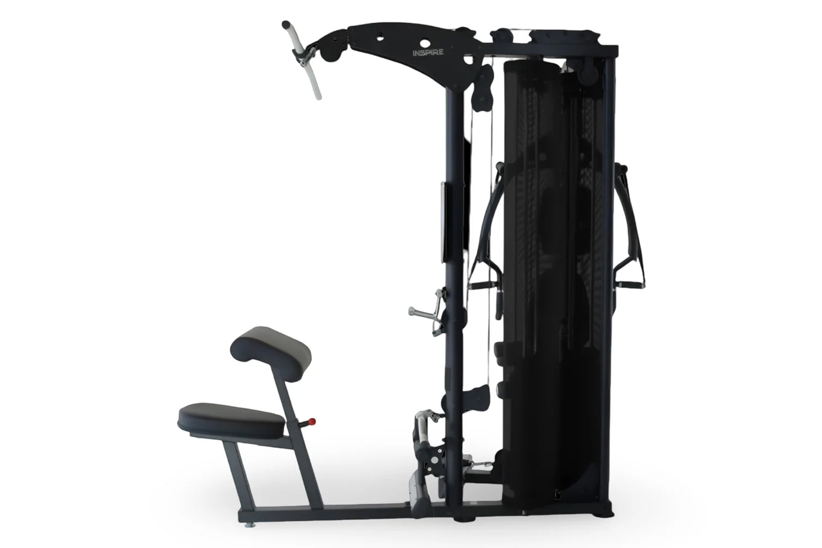 Black and white multi-gym machine with adjustable seat, arm lever, and foot pedal on white background